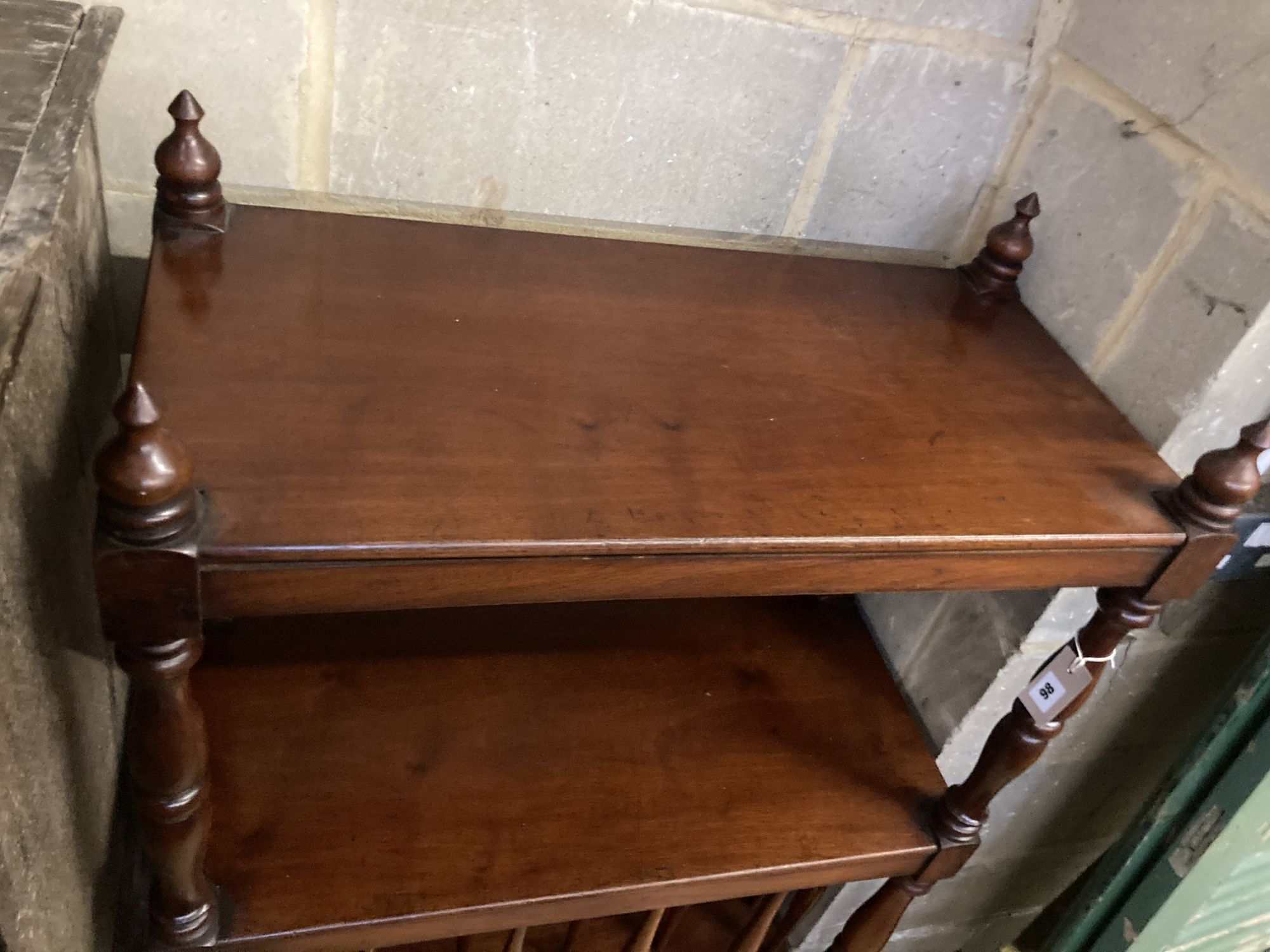 A Victorian mahogany three tier whatnot, width 76cm depth 37cm height 129cm